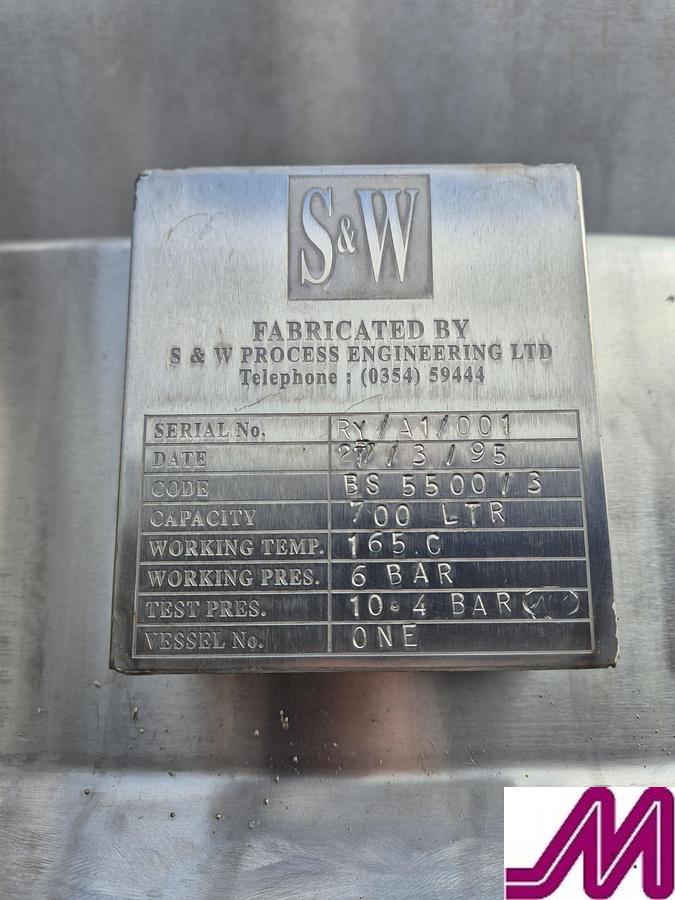 Used S & W process Eng 700 Litre Stainless Steel Jacketed Hemispherical Pan with Scrape Wall Agitator