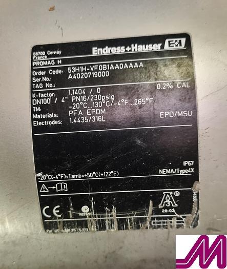 Used Endress & Hauser Promag 53H 4" Stainless Steel Flow Meter with Display
