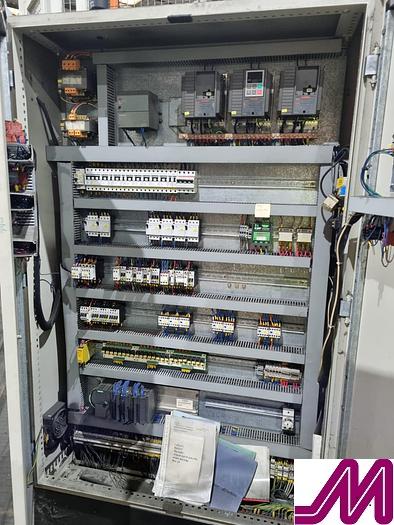 Used 2008 KHS Glass Bottle Palletiser with high level infeed conveyor Kuka KR40PA Robot & Robopac Helix Pallet Wrapper PBL1NRG1