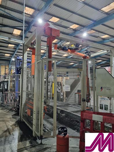 Used 2008 KHS Glass Bottle Palletiser with high level infeed conveyor Kuka KR40PA Robot & Robopac Helix Pallet Wrapper PBL1NRG1