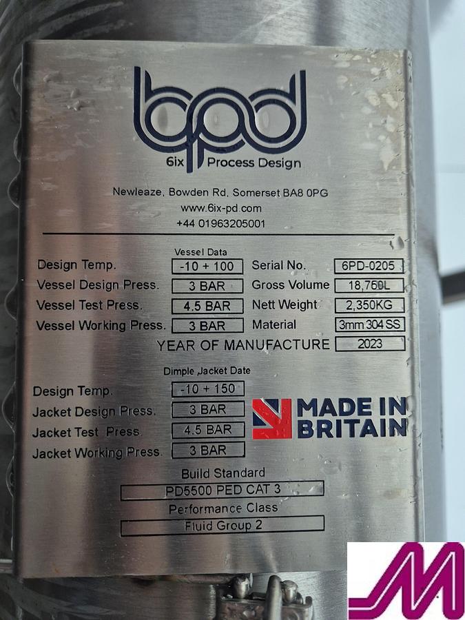 Used 2023 18,760 Litre Cylindro Conical Fermenting Vessel 6PD