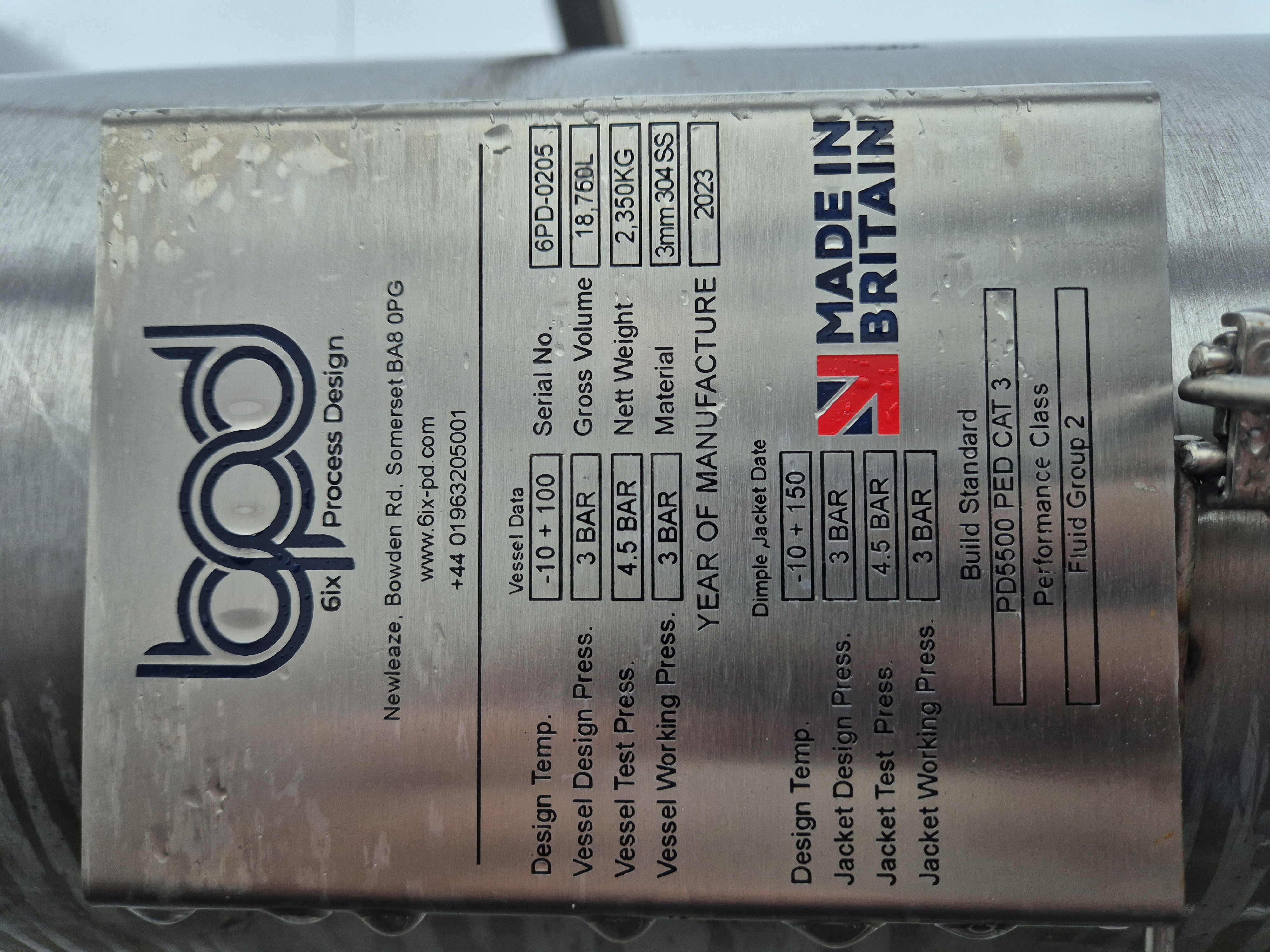 Used 2023 18,760 Litre Cylindro Conical Fermenting Vessel 6PD