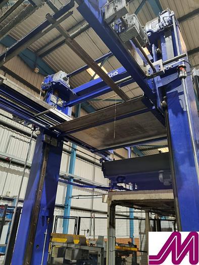Used 2008 KHS Glass Bottle Palletiser with high level infeed conveyor Kuka KR40PA Robot & Robopac Helix Pallet Wrapper PBL1NRG1