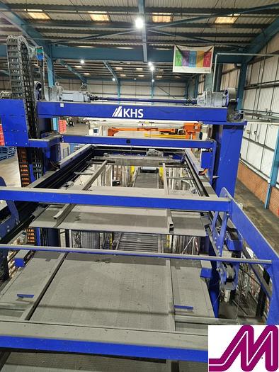 Used 2008 KHS Glass Bottle Palletiser with high level infeed conveyor Kuka KR40PA Robot & Robopac Helix Pallet Wrapper PBL1NRG1