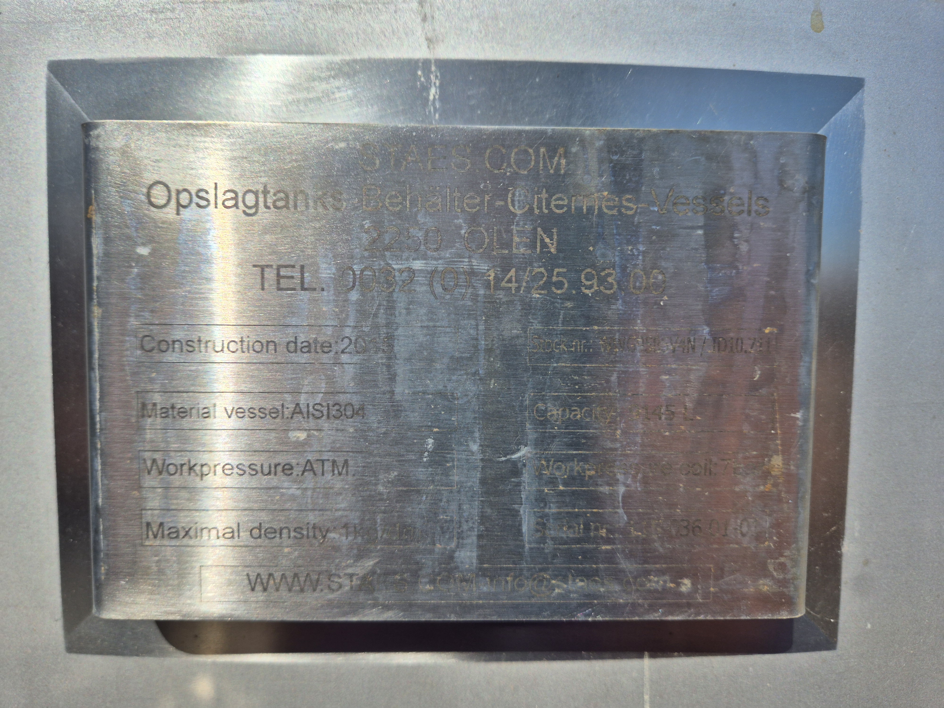 Used 2015 Staes 9,145 Litre Stainless Steel Hot Liquor Tank with Internal Coil