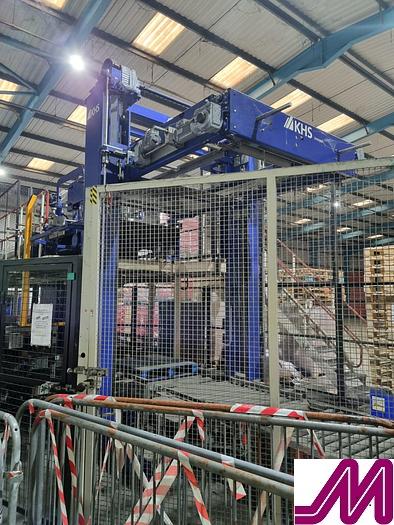Used 2008 KHS Glass Bottle Palletiser with high level infeed conveyor Kuka KR40PA Robot & Robopac Helix Pallet Wrapper PBL1NRG1