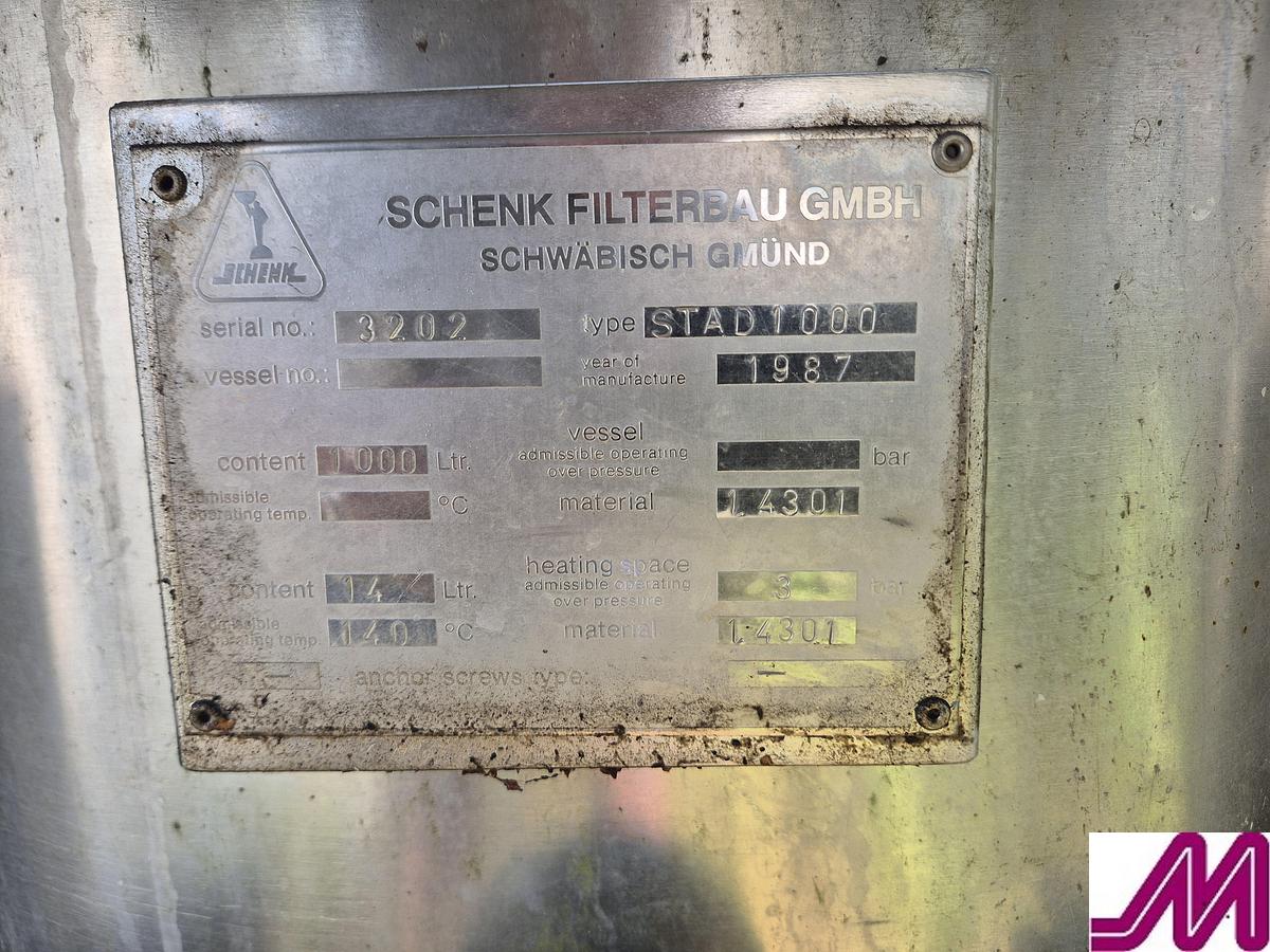 Used Schenk 1,000 Litre Stainless Steel Mix Tank with Heating Coil