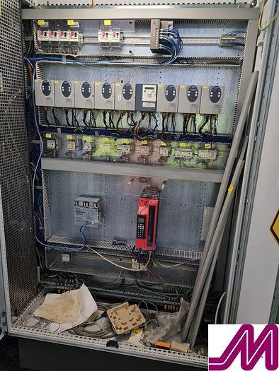 Used 2008 KHS Glass Bottle Palletiser with high level infeed conveyor Kuka KR40PA Robot & Robopac Helix Pallet Wrapper PBL1NRG1