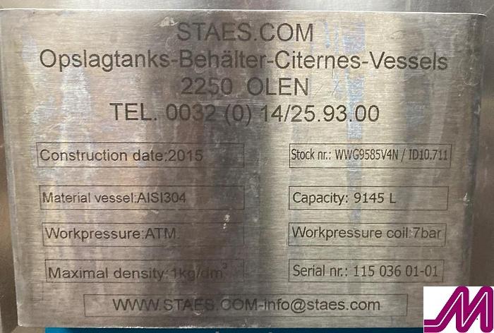 Used 2015 Staes 9,145 Litre Stainless Steel Jacketed Tank