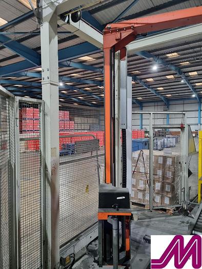 Used 2008 KHS Glass Bottle Palletiser with high level infeed conveyor Kuka KR40PA Robot & Robopac Helix Pallet Wrapper PBL1NRG1