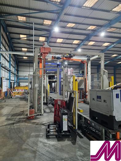 Used 2008 KHS Glass Bottle Palletiser with high level infeed conveyor Kuka KR40PA Robot & Robopac Helix Pallet Wrapper PBL1NRG1