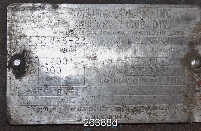 Used Goulds HS Hs Pump, 8X8X22, 22" Impeller, Iron Casing, Cast Iron Impeller, 1200 Gpm, 11 Feet Head, 300 Rpm #26388