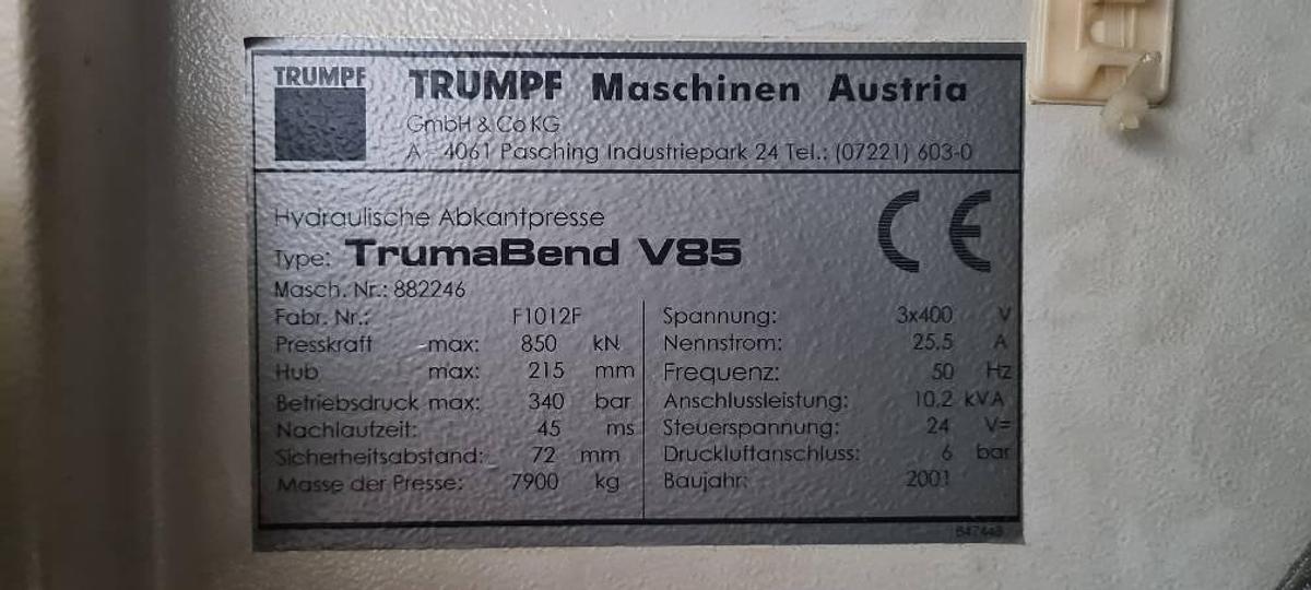 Used Trumpf TrumaBend V85 (2001) Industrial Press Brake Machine, Sankt Bartholomä, Austria