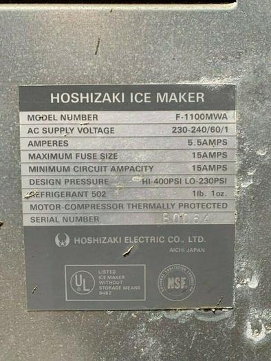 Used Hoshizaki F-1100MWA Ice Maker w/ Hoshizaki B-700SC Ice Storage Bin