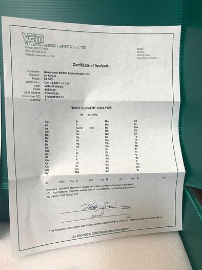 Used Zr Target 99.500% purity, dia 13.505''x.250''