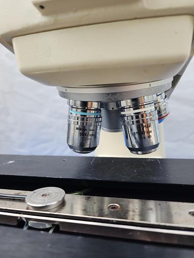 Used NIKON OPTIPHOT 200 Wafer Inspection Scope with Trinocular ergonomic Head with Nikon objective 5x, 10x  CF Plan, Nikon 50x, and Nikon 100x CF Plan