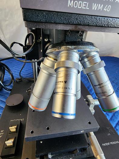 Used THE MM MICROSCOPE INC WM40 OBJECTIVES BAUCH AND LOMB 25X 0.31 NA, 50X 0 45 NA, 2.25X 0.04 NA, 8X