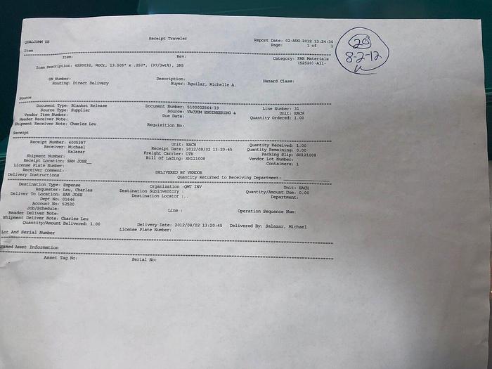 Used VEM Target MoCr (97-3 wt%) dia 13.505'' x .250''
