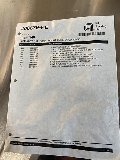 Used APPLIED MATERIALS 0240-76735 KIT. 0020-74673 BKT GEN RACK