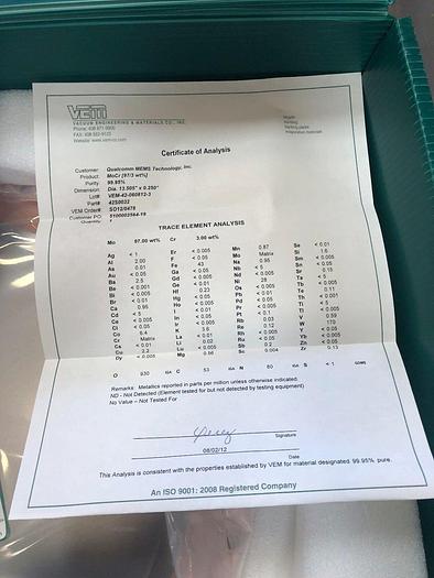 Used VEM Target MoCr (97-3 wt%) dia 13.505'' x .250''