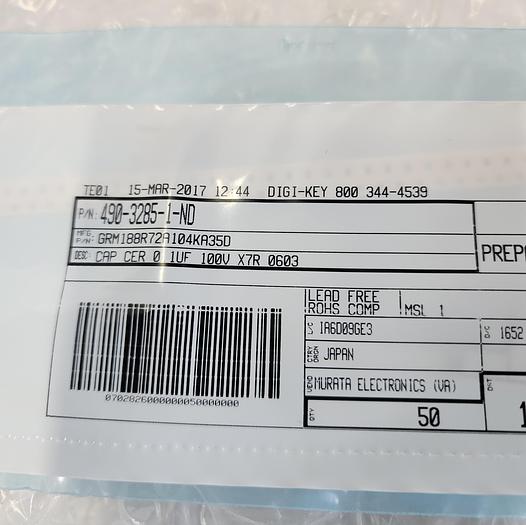 Used 490-3285-1-ND CAP CER 0.1 1UF 100V X7R 0603