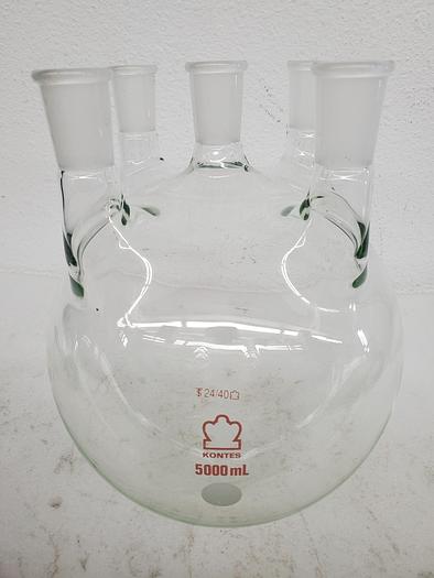 Used KONTES 5000 ML ROUND GLASS FLASK (5 NECK)