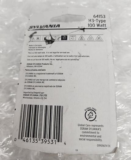 Used SYLVANIA H3 64153 100W Basic Halogen Offroad Bulb