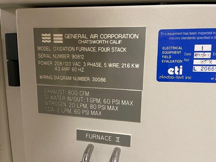 Used GENERAL AIR CORPORATION Model OXIDATION FURNACE, FOUR STACK