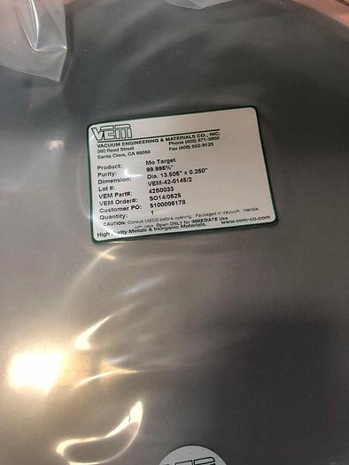 Used VEM Mo Target , 99.995% dia 13.505'' x .250''