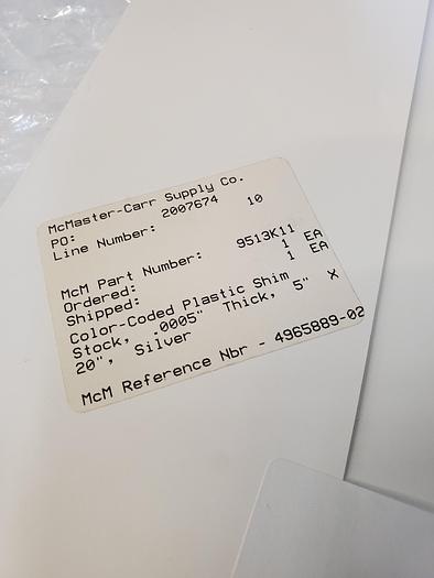 Used ARTUS PLASTIC SHEET SILVER 5X20X.0015