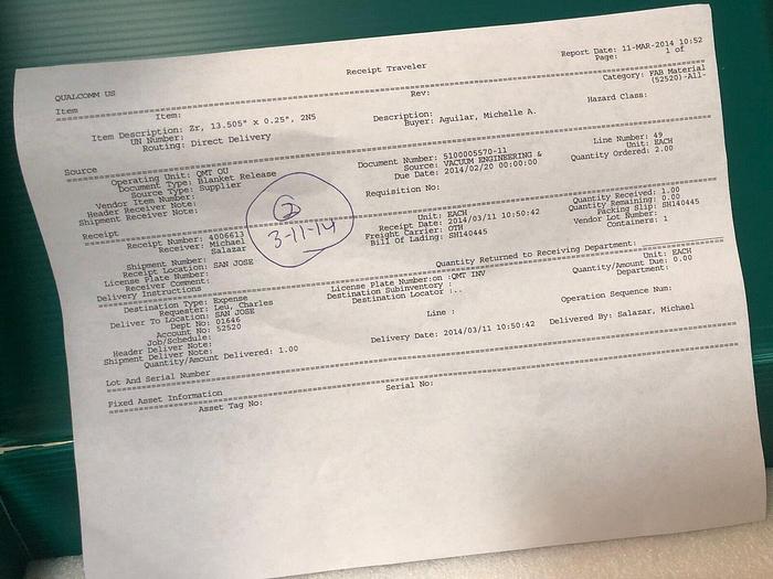 Used Zr Target 99.500% purity, dia 13.505''x.250''