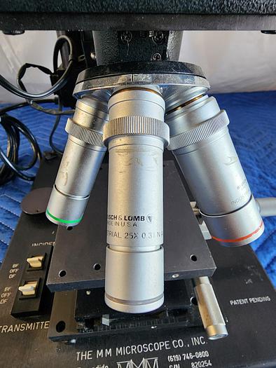 Used THE MM MICROSCOPE INC WM40 OBJECTIVES BAUCH AND LOMB 25X 0.31 NA, 50X 0 45 NA, 2.25X 0.04 NA, 8X