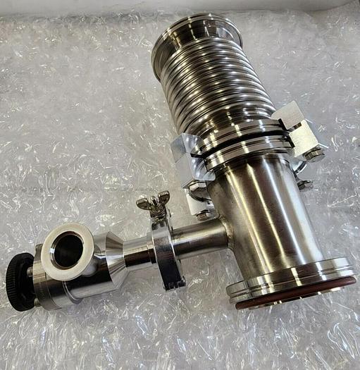 Used MDC KAV-100 PNEUMATIC ANGLE VALVE with EDWARDS HIGH VACUUM ADAPTER PIPES