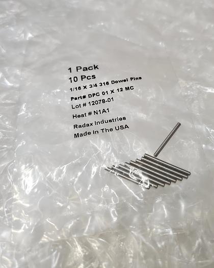 Used RADAX INDUSTRIES DPC 01 X 12 MC DOWEL PINS (PACK OF 9)