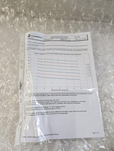 Used COHERENT MATRIX WATER COOLING PLATE KIT WITH HOSE , MATRIX 90 ADAPTER FOR LASER