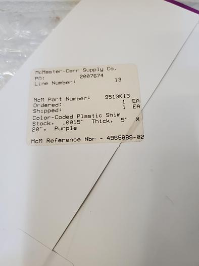 Used ARTUS PLASTIC SHEET PURPLE 5X20X.0015