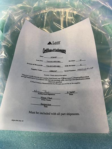 Used LAM RESEARCH 716-011493-001 SPACER QUARTZ MODULE