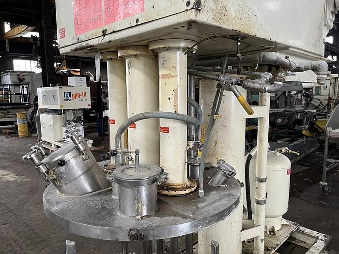 Used 100 GALLON ROSS TRIPLE MOTION MIXER - MODEL PVM-100 - S/S - VACUUM - 2 MIX CANS - WITH DISCHARGE RAM