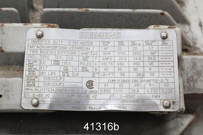 Used Siemens RGZESDI A/C Motor, 20 Hp, 1770 Rpm, 460 Volt #41316