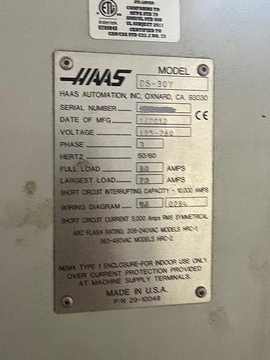 Used 2012 HAAS DS30Y CNC Turning Center With Live Tooling/Dual Spindle/Bar Feeder