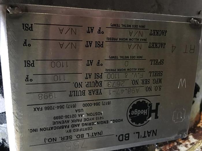 Used Hodge Engineering and Fabrication approximately 115 gallon 304 stainless steel vertical pressure tank