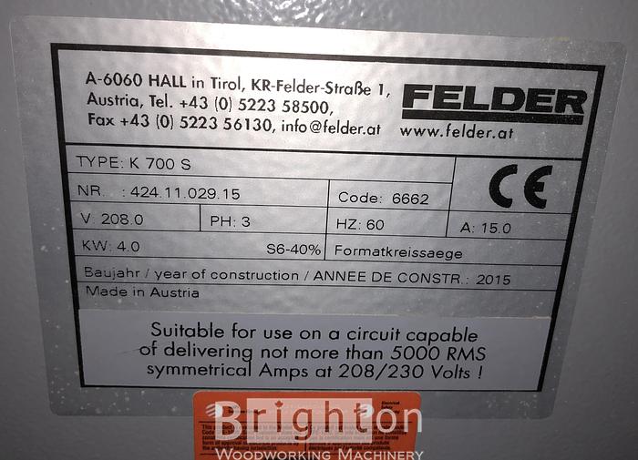 Used 2015 Felder K700S Sliding Table Saw