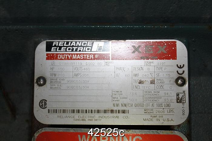 Used Toshiba/Reliance A/C Motor, 150 Hp, 720 Rpm, 449T Frame #42525