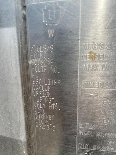 Used 250 Gallon Type 316 S/S Precision Stainless Vertical Jacketed Pressure Tank