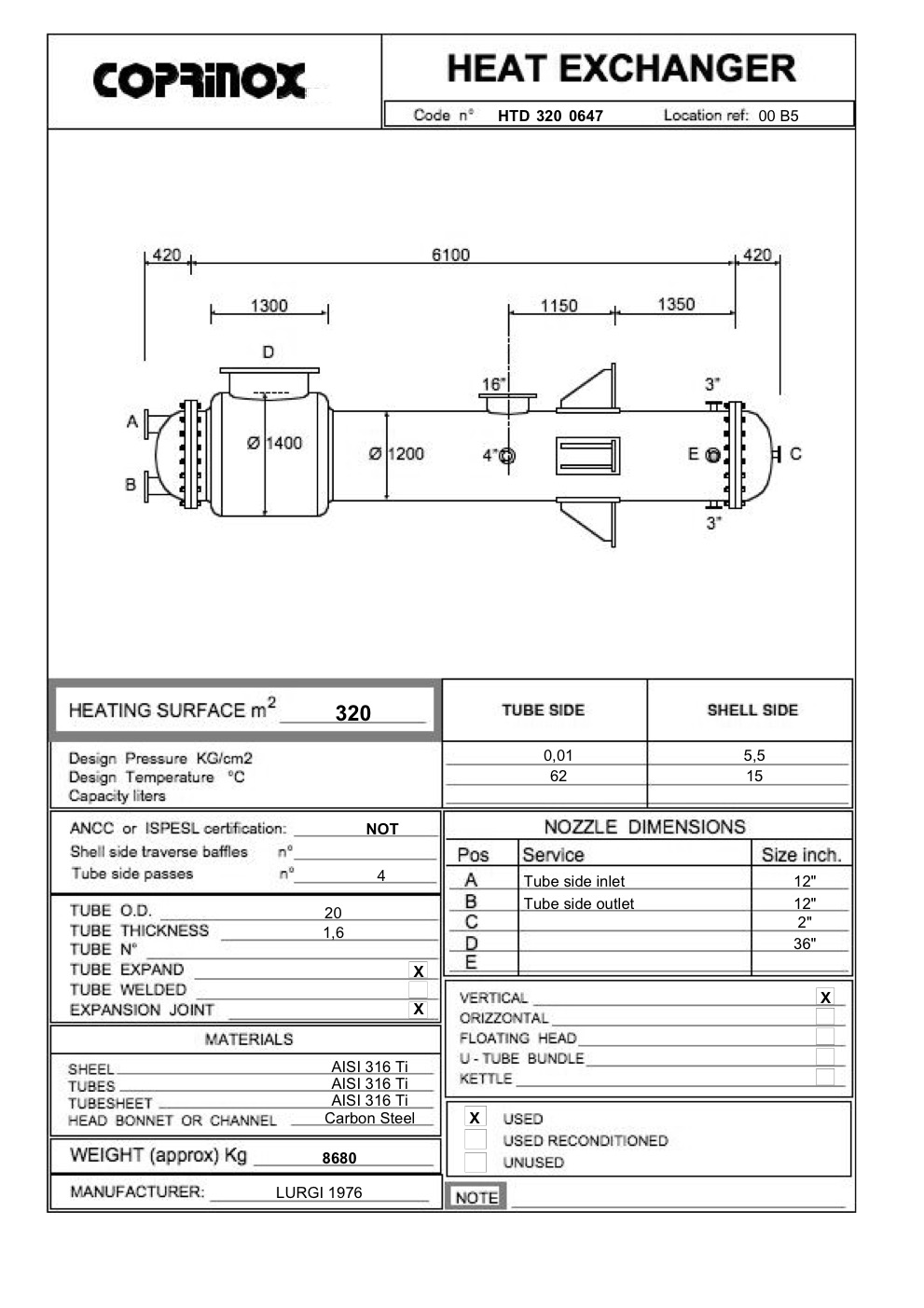 Usato Scambiatore di calore LURGI 1976 da 320 metri quadrati