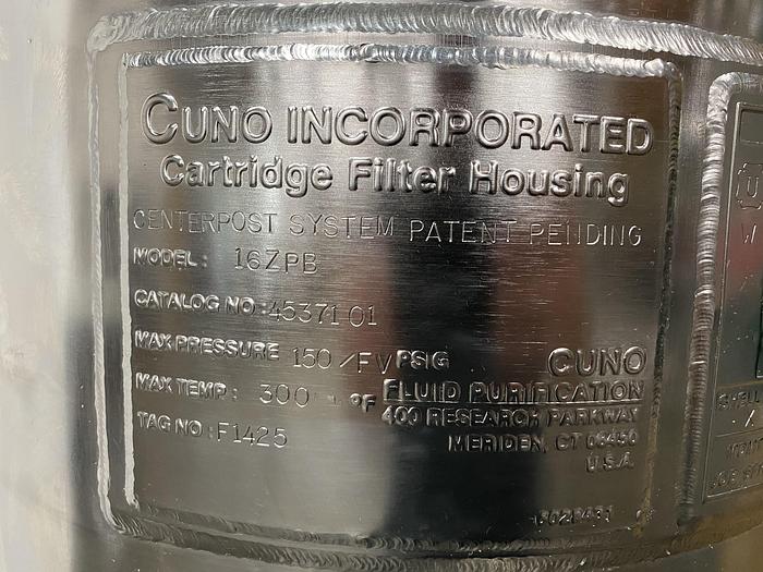Used CUNO 16ZPB 16" Stainless Steel Cartridge Filter Housing 150 PSI @ 300 °F