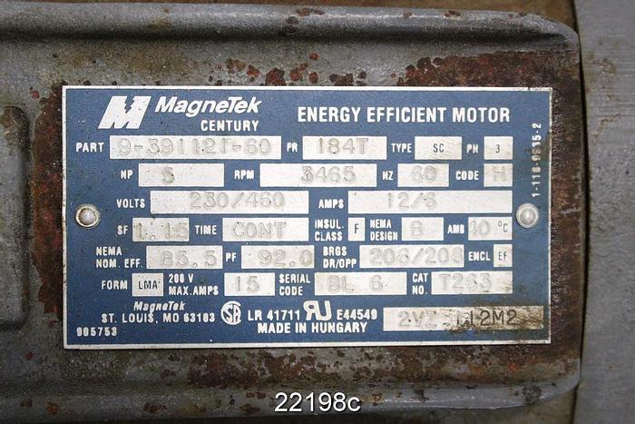 Used Megnetek Motor, 5 Hp, 3465 Rpm, 230/460 Volt, 184T Frame, 12/6 Amps, 1.15 S.F., 3-Phase, 60 Hz #22198