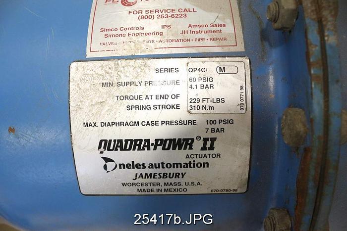 Used Neles Jamesbury 315W Butterfly Valve, 8", Type 315W-11-2236-X2, Seal Xtreme, Shaft 316 Stainless Steel, Max Differential Pressure 170, Max Temp 500 F, Quadra Powr Ii, Qp4C/M Actuator #25417