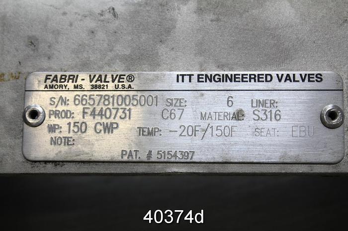 Used Fabri-Valve 6" Hand Operated Knife Gate Valve #40374