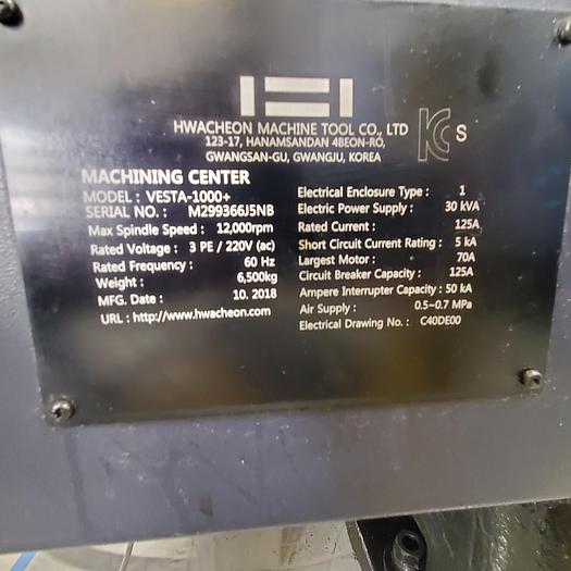 Used 2018 HWACHEON VESTA-1000+ 3-Axis CNC Vertical Machining Center